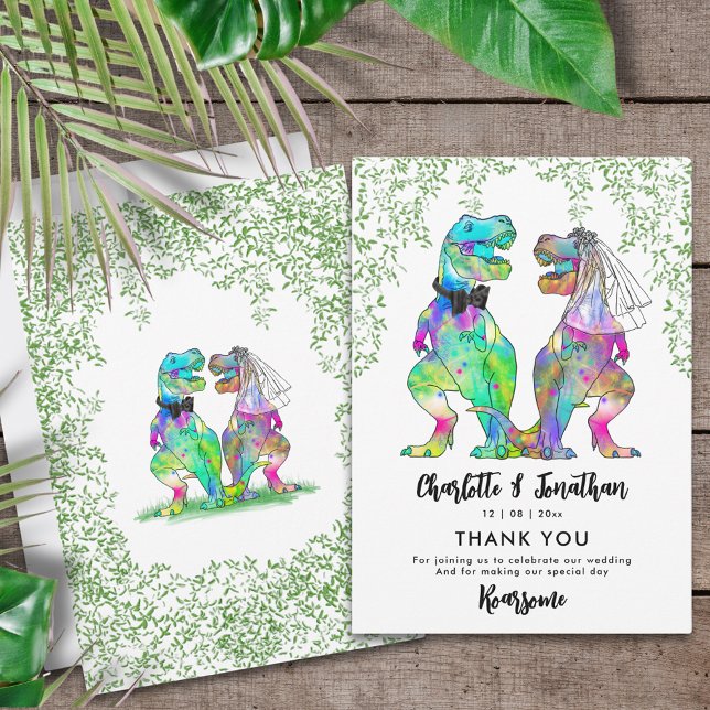 Dinosaur Theme Wedding Thank You Card (Colorful dinosaur wedding thank you card with colorful T-Rex bride and groom and Jurassic jungle )