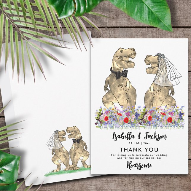 Dinosaur Theme Wedding Thank You Card (Dinosaur wedding funny T-Rex Bride and Groom colorful wildflower thank you card)