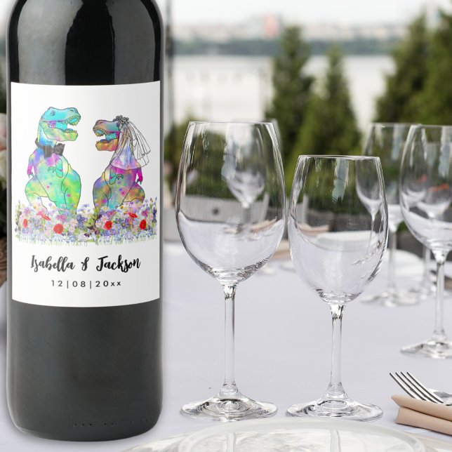 Dinosaur Theme Wedding Wine Label (Fun dinosaur wedding T-Rex bride and groom and colorful wildflowers watercolor custom wine labels)