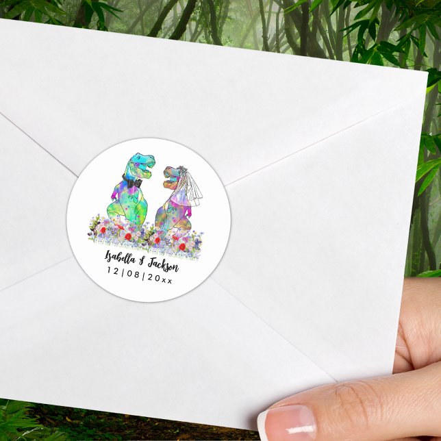 Dinosaur Theme Wildflower Wedding Classic Round Sticker (Dinosaur wedding T-Rex bride and groom colorful personalized bride and groom name and date sticker)