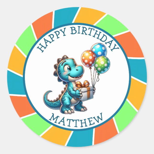 Dinosaur themed Kid's Birthday Party Personalized Classic Round Sticker (Front)