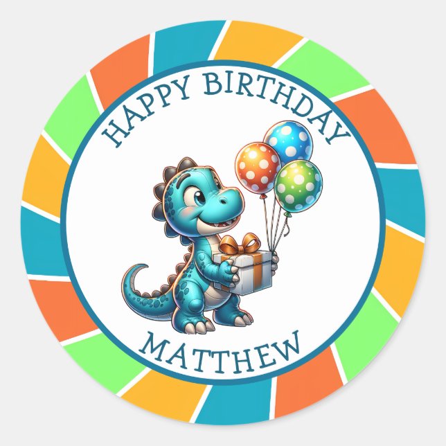 Dinosaur themed Kid's Birthday Party Personalized Classic Round Sticker (Front)