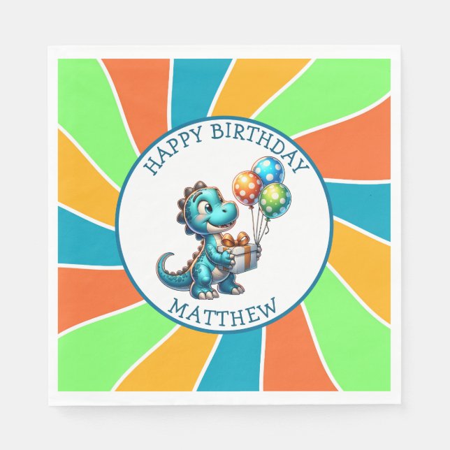 Dinosaur themed Kid's Birthday Party Personalized Napkin (Front)