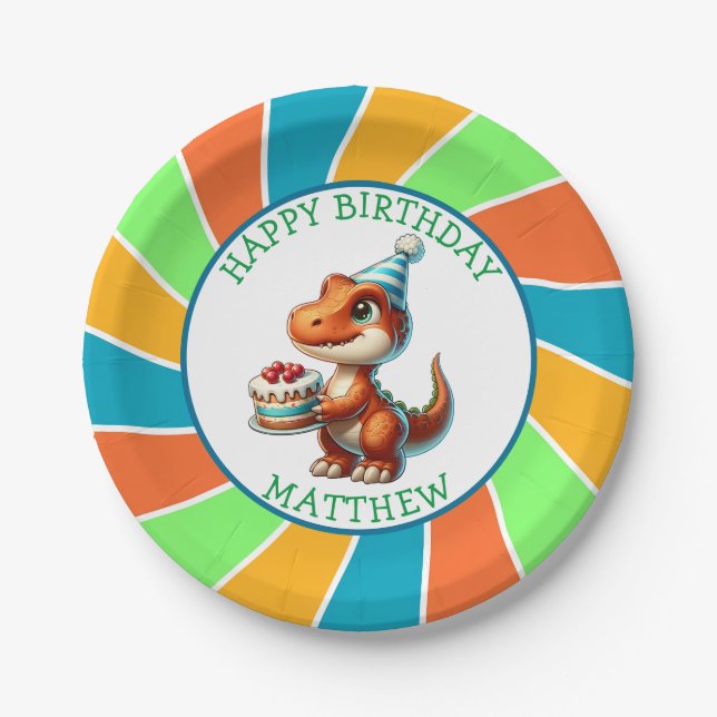 Dinosaur themed Kid's Birthday Party Personalized Paper Plate (Front)