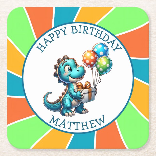 Dinosaur themed Kid's Birthday Party Personalized Square Paper Coaster (Front)