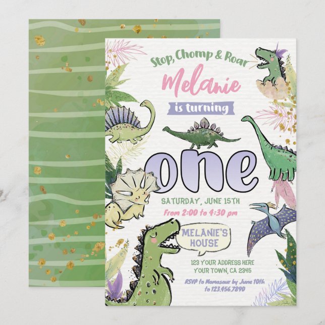 Dinosaur Themed Party 1st Birthday Invitation (Front/Back)