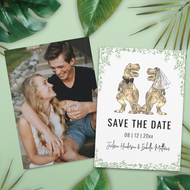 Dinosaur Themed Wedding Photo  Save The Date (Funny dinosaur bride and groom wedding save the date photo card Watercolor eucalyptus foliage)