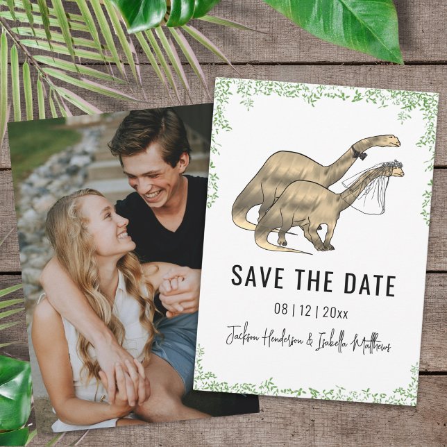 Dinosaur Themed Wedding Photo Save The Date (Colorful brontosaurus bride and groom dinosaur wedding photo save the date card Watercolor greenery)
