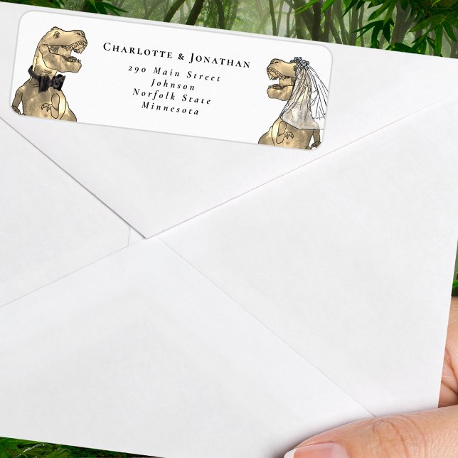 Dinosaur Themed Wedding Return Address (T-Rex bride and groom dinosaur black and white wedding return address label)