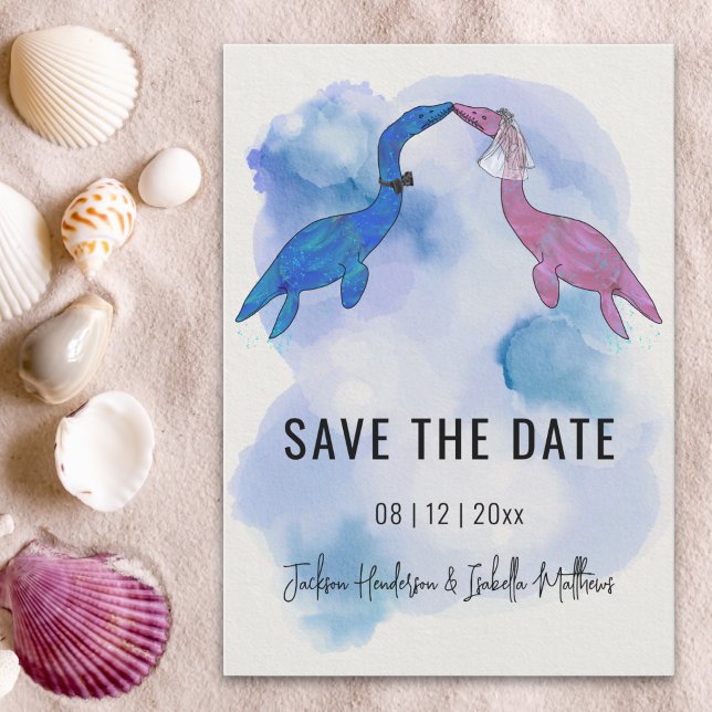 Dinosaur Themed Wedding Save The Date (Watercolor sea dinosaur theme wedding save the date card ocean Beach wedding )
