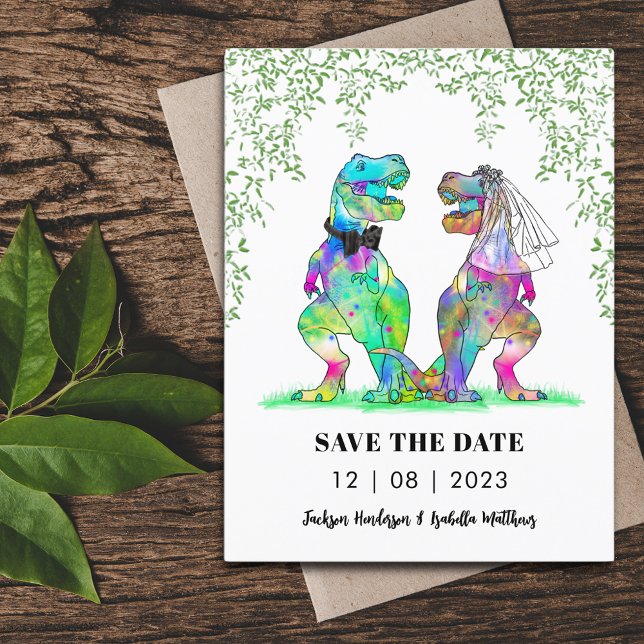 Dinosaur Themed Wedding Save the Date Funny Postcard (Dinosaur themed wedding save the date budget postcard invitation with colorful T-Rex bride and groom)