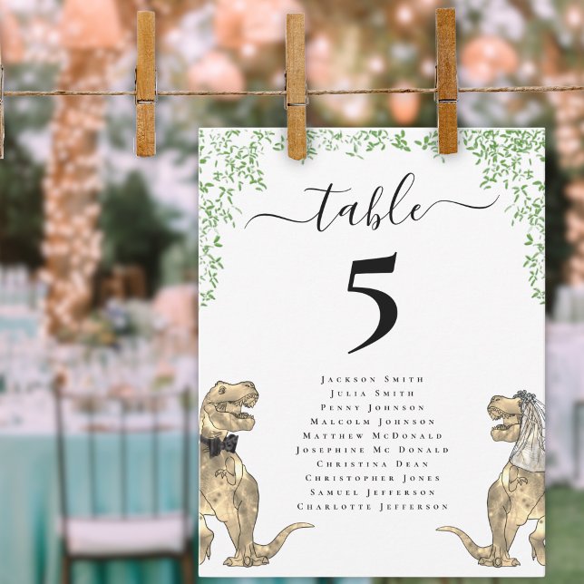 Dinosaur Themed Wedding Table Seating Chart  (Dinosaur wedding table chart Whimsical elegant script T-Rex bride & groom watercolor greenery)