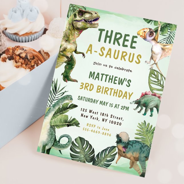 Dinosaur Three-A-Saurus 3rd Birthday Party Invitation (Creator Uploaded)