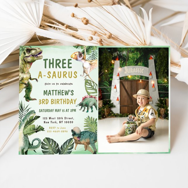 Dinosaur Three-A-Saurus 3rd Birthday Party Photo Invitation (Creator Uploaded)