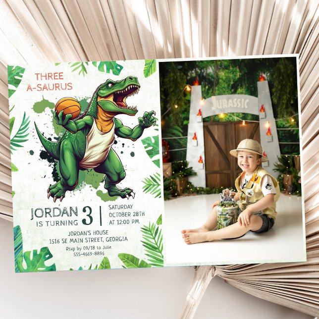 Dinosaur Three-A-Saurus 3rd Birthday Party Photo Invitation (Creator Uploaded)