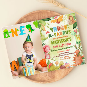 Dinosaur Three-A-Saurus 3rd Birthday Photo Invitation
