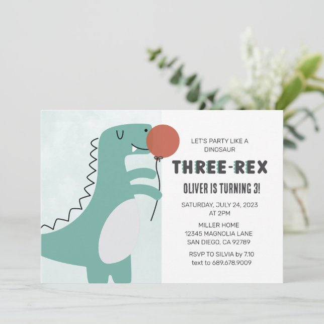Dinosaur Three-Rex | 3 Rex Birthday Invitation (Standing Front)
