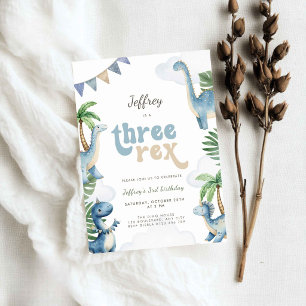 Dinosaur Three Rex 3rd Birthday Invitation Boys