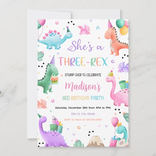 Dinosaur Three Rex 3rd Birthday Party Invitation (Front)