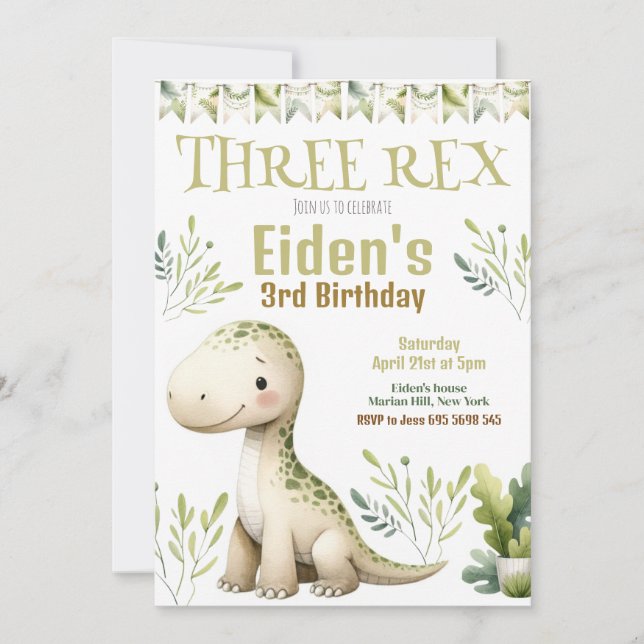 Dinosaur Three Rex 3rd Birthday Party Invitation (Front)