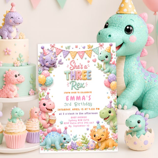 Dinosaur Three Rex 3rd Birthday Party Invitation (Creator Uploaded)
