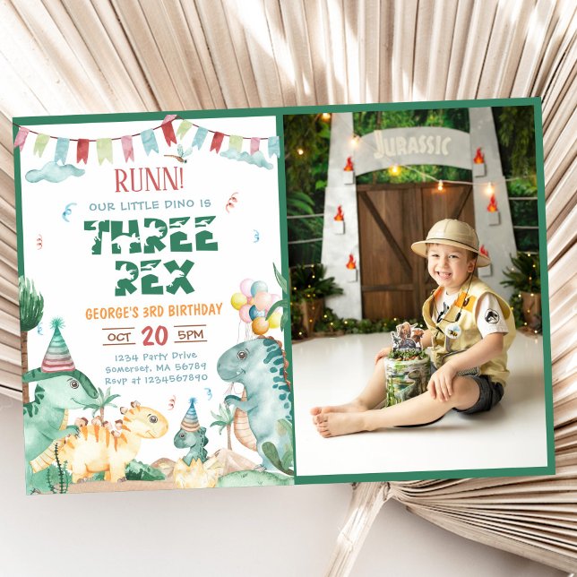 Dinosaur Three Rex 3rd Birthday Party Photo Invitation (Creator Uploaded)
