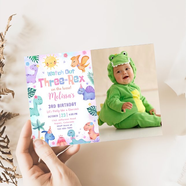 Dinosaur Three Rex 3rd Birthday Party Photo Invitation (Creator Uploaded)