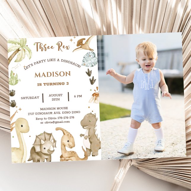 Dinosaur Three Rex 3rd Birthday Party Photo Invitation (Creator Uploaded)
