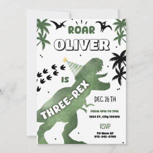 Dinosaur Three Rex 3rd Birthday Party T-Rex Invite