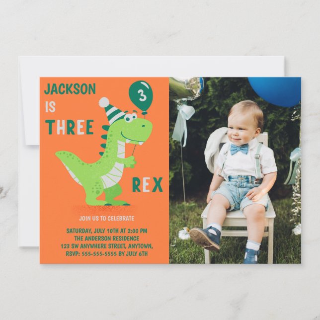 Dinosaur Three Rex 3rd Birthday Photo Invitation (Front)