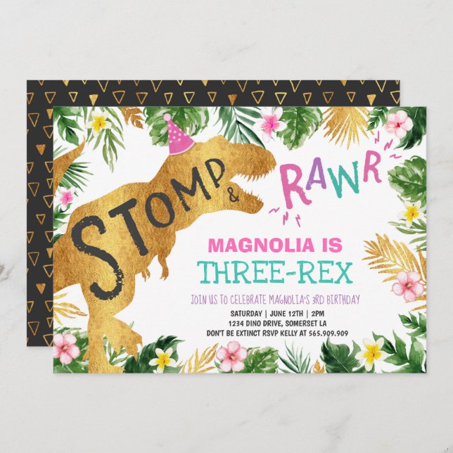 Dinosaur Three-Rex Birthday Invitation Girl Dino (Front/Back)