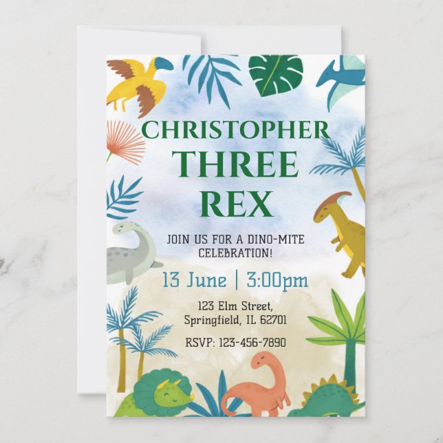 Dinosaur Three Rex Birthday Party Invitation (Front)