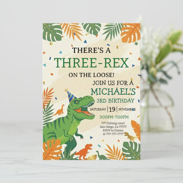 Dinosaur Three-Rex Boy's 3rd Birthday Party Invitation (Standing Front)