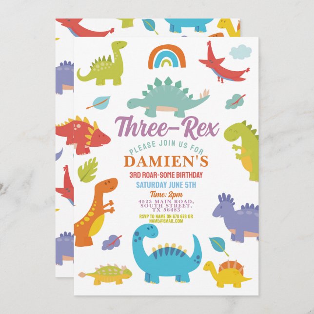 Dinosaur Three Rex Cute Boys Party  Invitation (Front/Back)