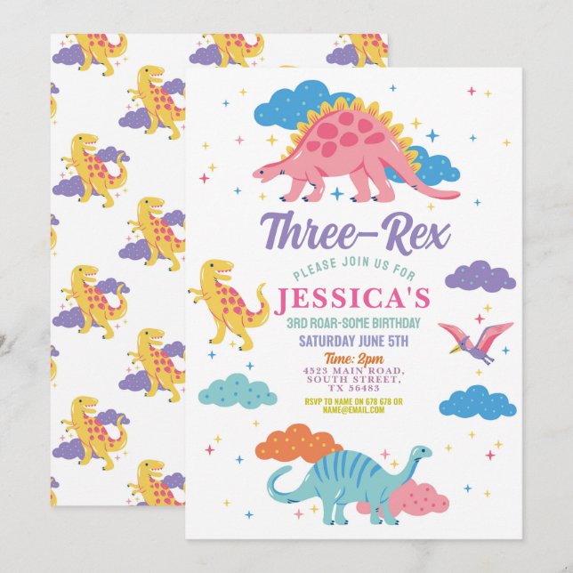 Dinosaur Three Rex Cute Girls Pink Party Invitation (Front/Back)