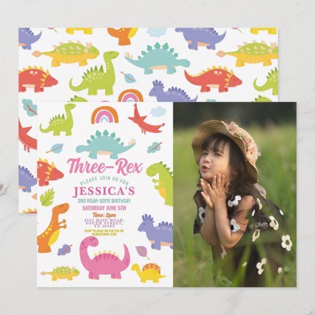 Dinosaur Three Rex Cute Girls Pink Party Photo Invitation (Front/Back)
