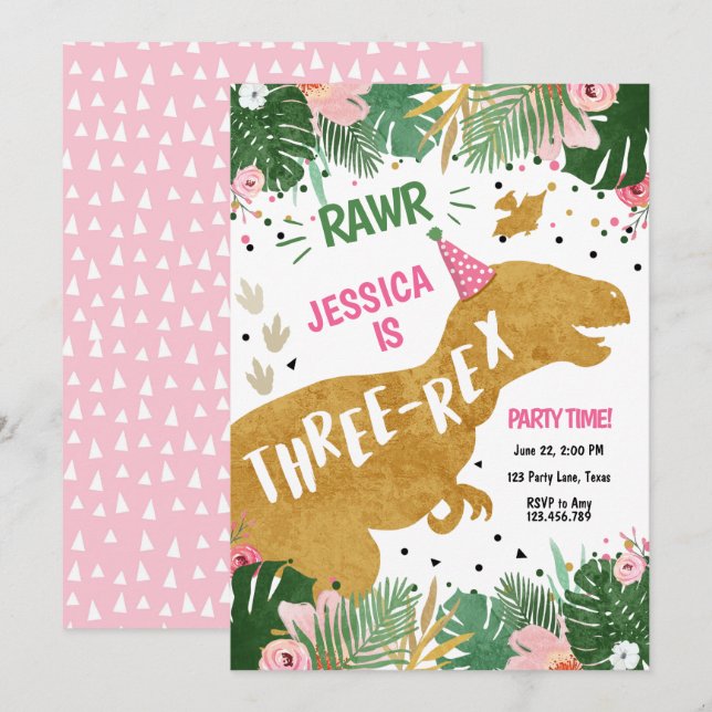 Dinosaur Three-Rex Dino Girl Pink Gold Birthday Invitation (Front/Back)
