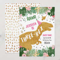 Dinosaur Three-Rex Dino Girl Pink Gold Birthday