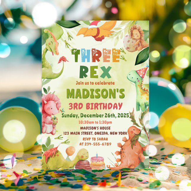 Dinosaur Three Rex Greenery 3rd Birthday Invitation (Creator Uploaded)