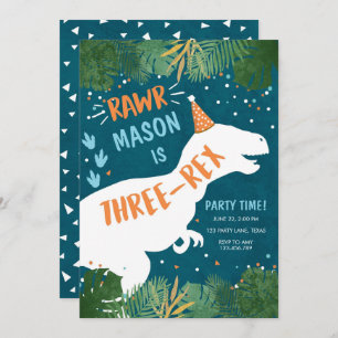 Dinosaur Three-Rex T-Rex RAWR 3rd Third Birthday Invitation