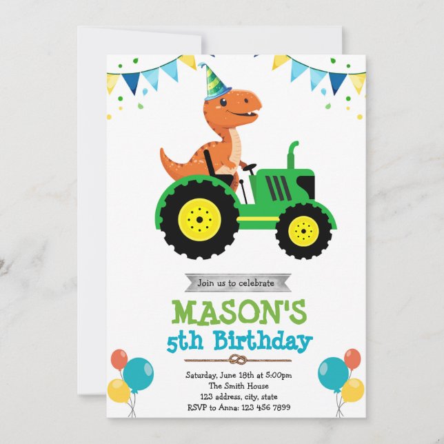 Dinosaur tractor birthday invitation (Front)