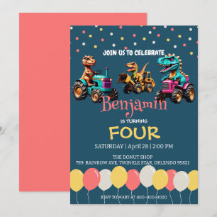 Dinosaur tractor truck balloon School Birthday  Invitation