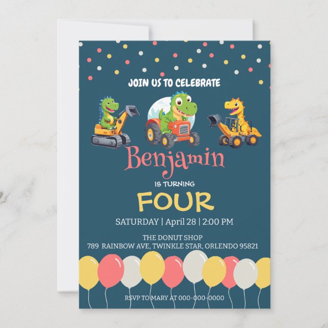 Dinosaur tractor truck balloon School Birthday  Invitation (Front)