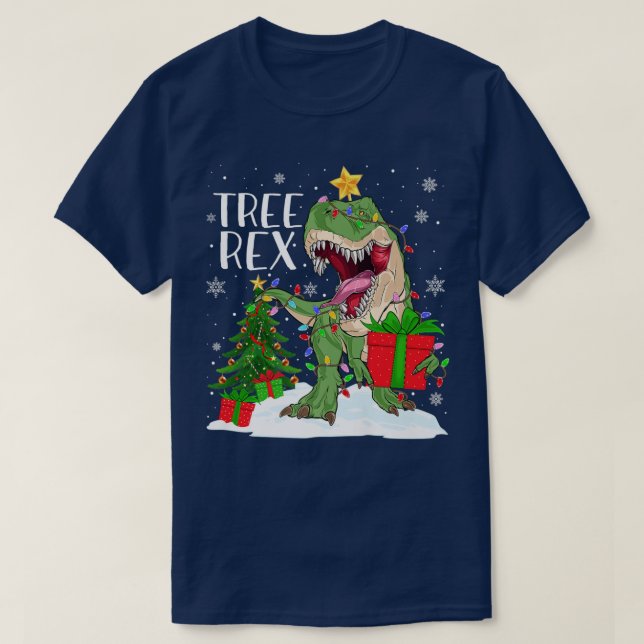 Dinosaur Tree Re Xmas Lights Funny Dinosaur Christ T-Shirt (Design Front)