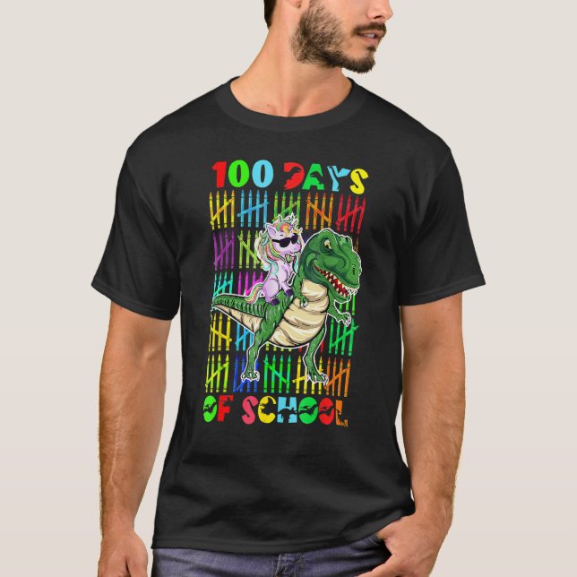 Dinosaur TRex Happy 100th Day Of School Unicorn 10 T-Shirt (Front)