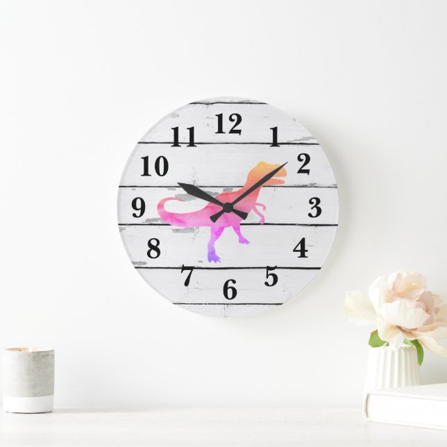 Dinosaur Trex Pink Decor Rustic Shiplap Large Clock (Home)