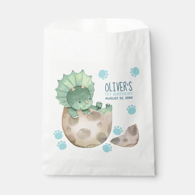 Dinosaur Triceratops Boy 1st Birthday Party Favour Bag (Front)