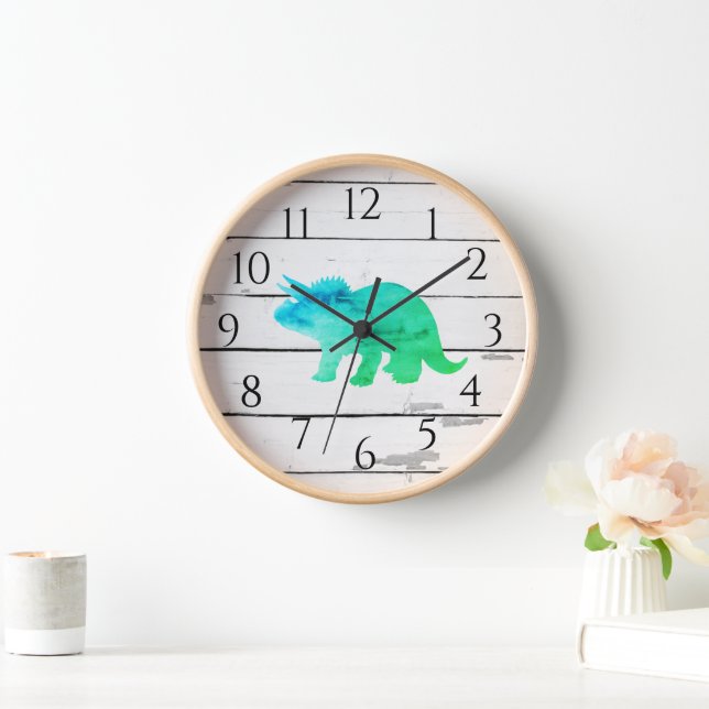 Dinosaur Triceratops Decor Rustic Shiplap Clock (Home)