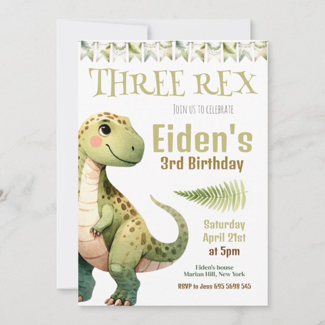 Dinosaur Trois Rex 3e Anniversaire Fête Invitation (Devant)
