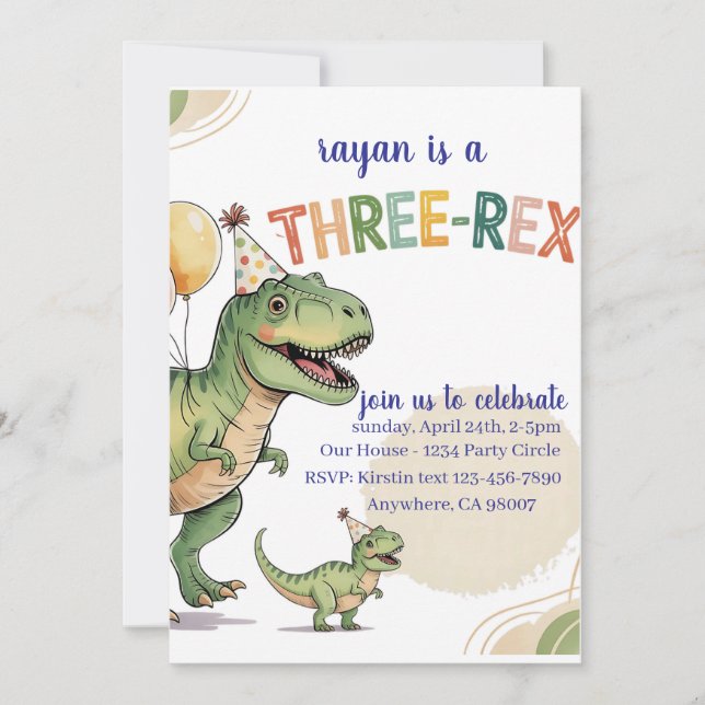 Dinosaur Trois Rex 3e Anniversaire Fête Invitation (Devant)